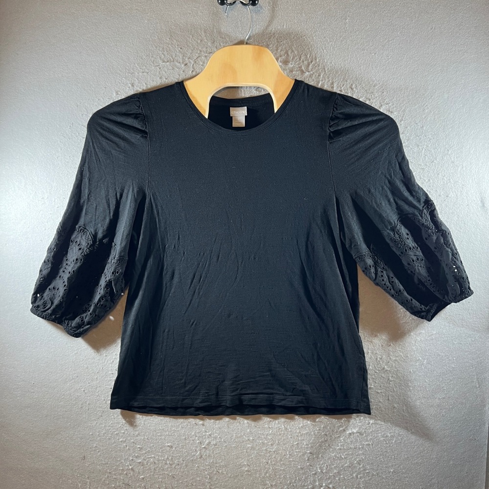 1444 | Chico's Feminine Eyelet Balloon Sleeve Cotton Modal Knit Top Black Large